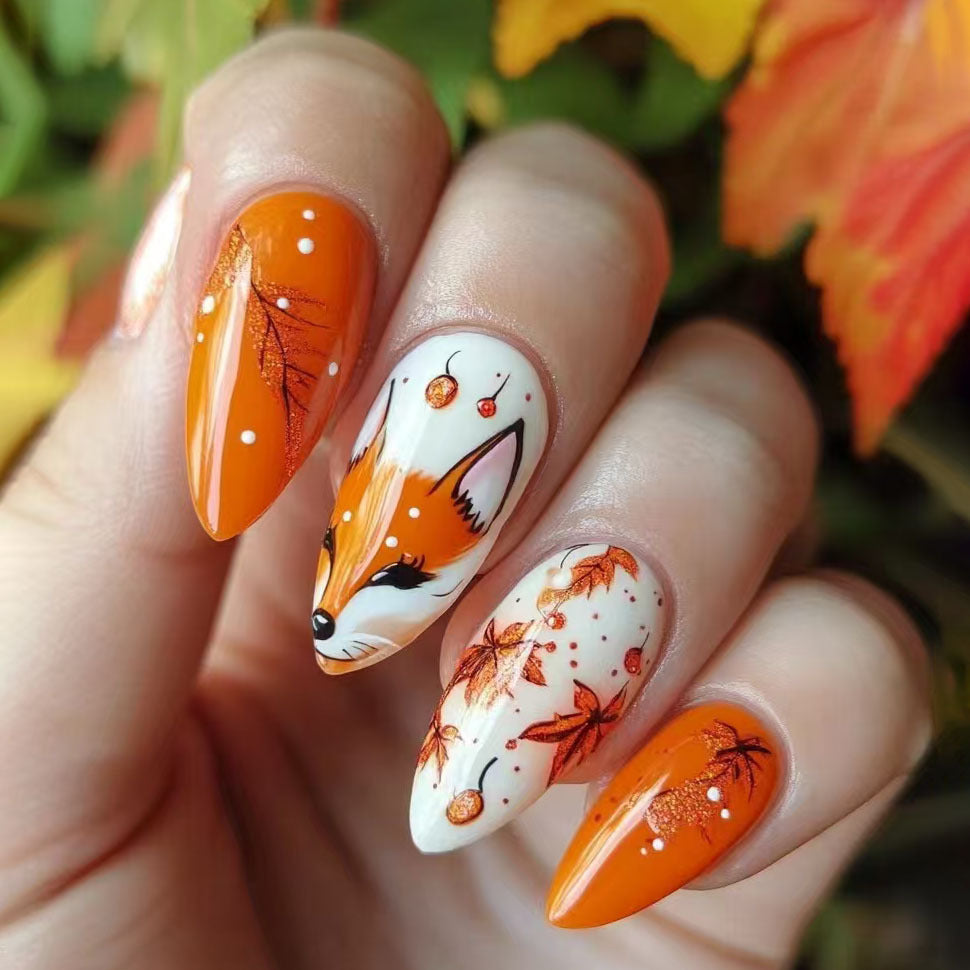 24pcs/Set Adorable Fox with Maple Leaves Press-On Nails