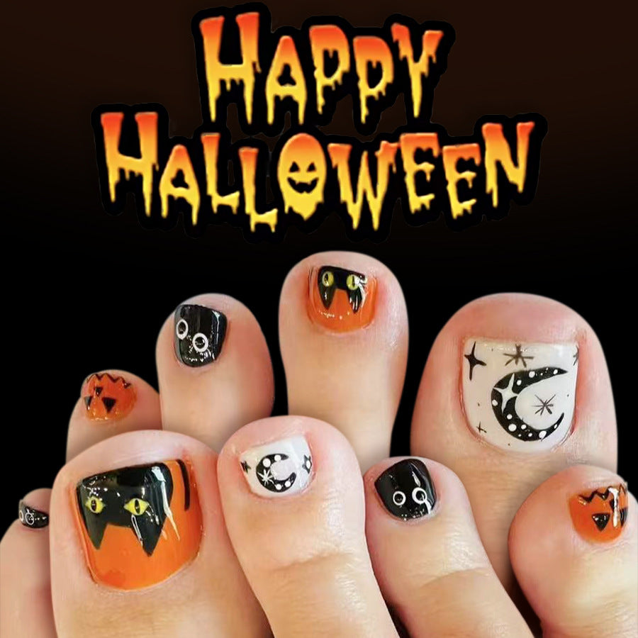 24pcs/Set Short Halloween Moon Cute Kitten Press On Toe Nails