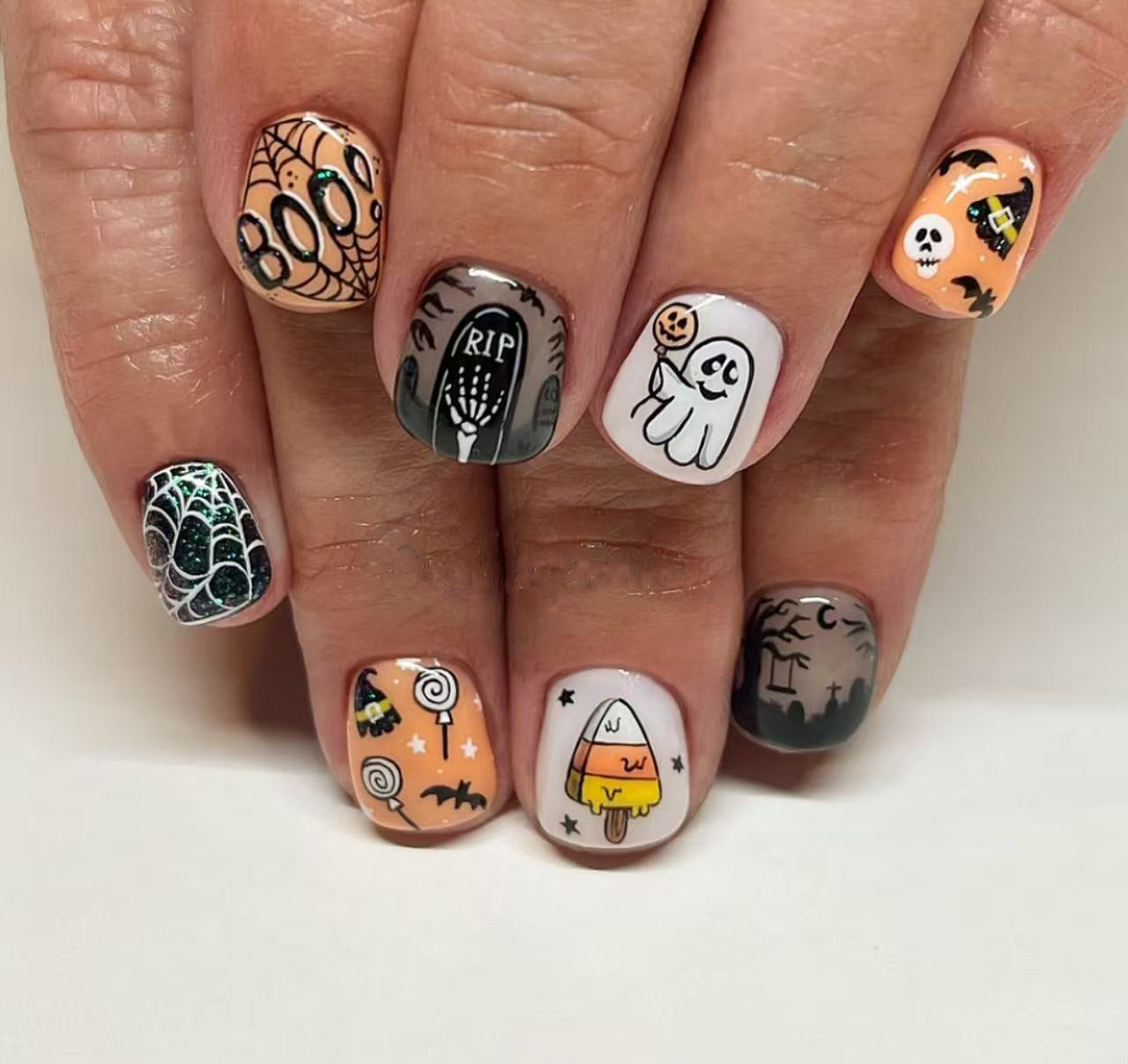 24pcs/Set Halloween Colorful Lollipop Ghosts Short Style Press-On Nails