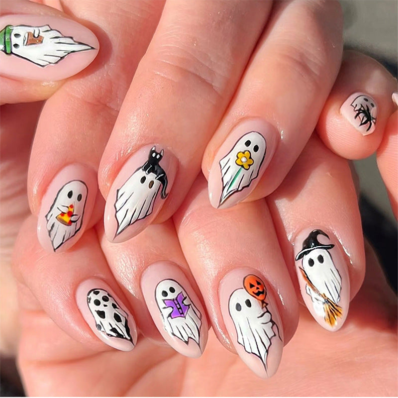 24pcs/Set Short Halloween Cartoon Ghost Press-On Nails