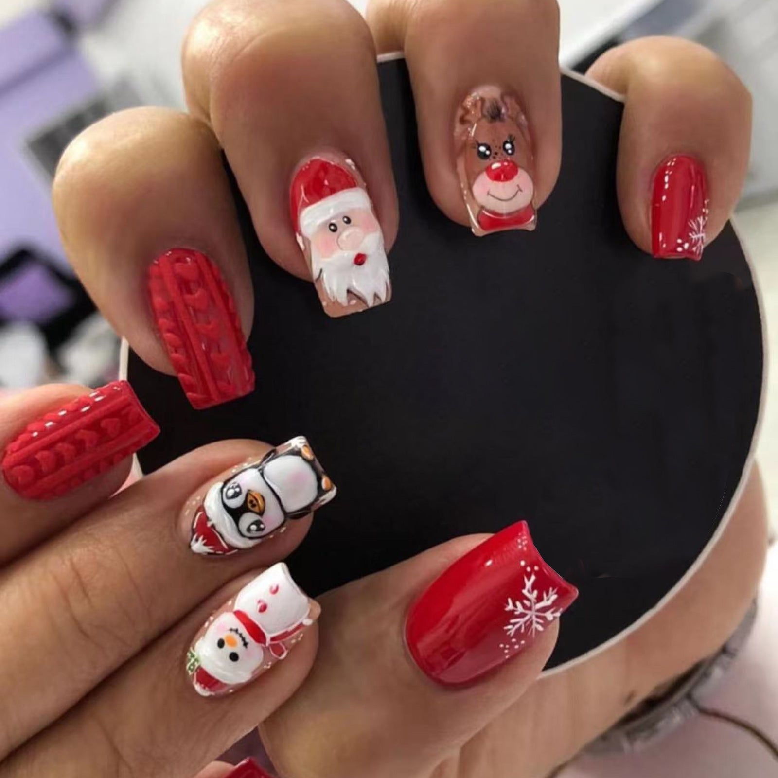 24pcs/Set Short Square Sweater Christmas Snowman Snowflake & Santa Press-On Nails