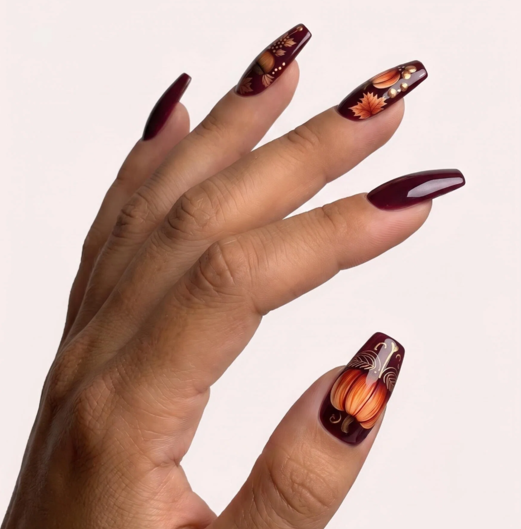 24pcs/Set Halloween Pumpkin Acorn Maple Leaf Press-On Nails