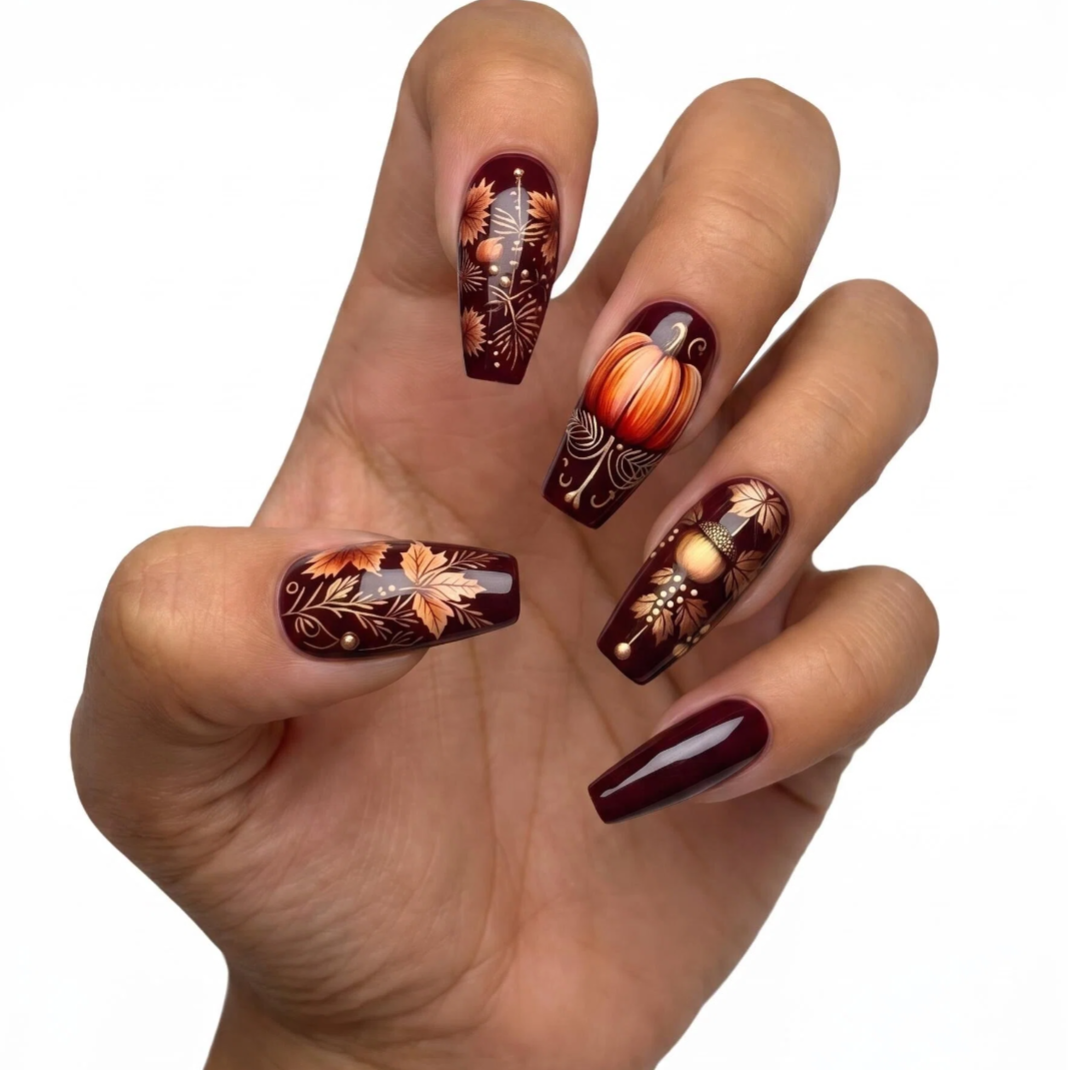 24pcs/Set Halloween Pumpkin Acorn Maple Leaf Press-On Nails