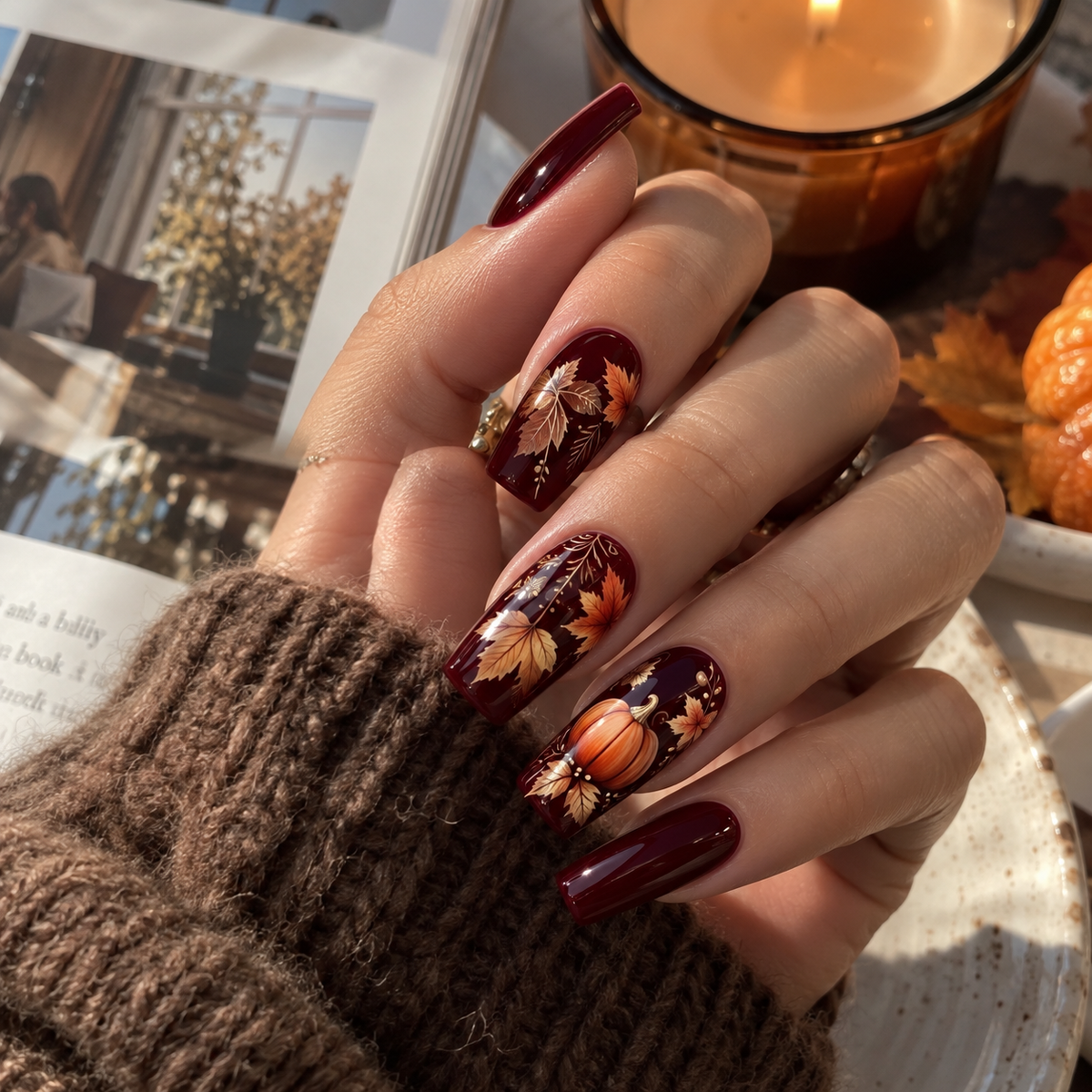 24pcs/Set Halloween Pumpkin Acorn Maple Leaf Press-On Nails
