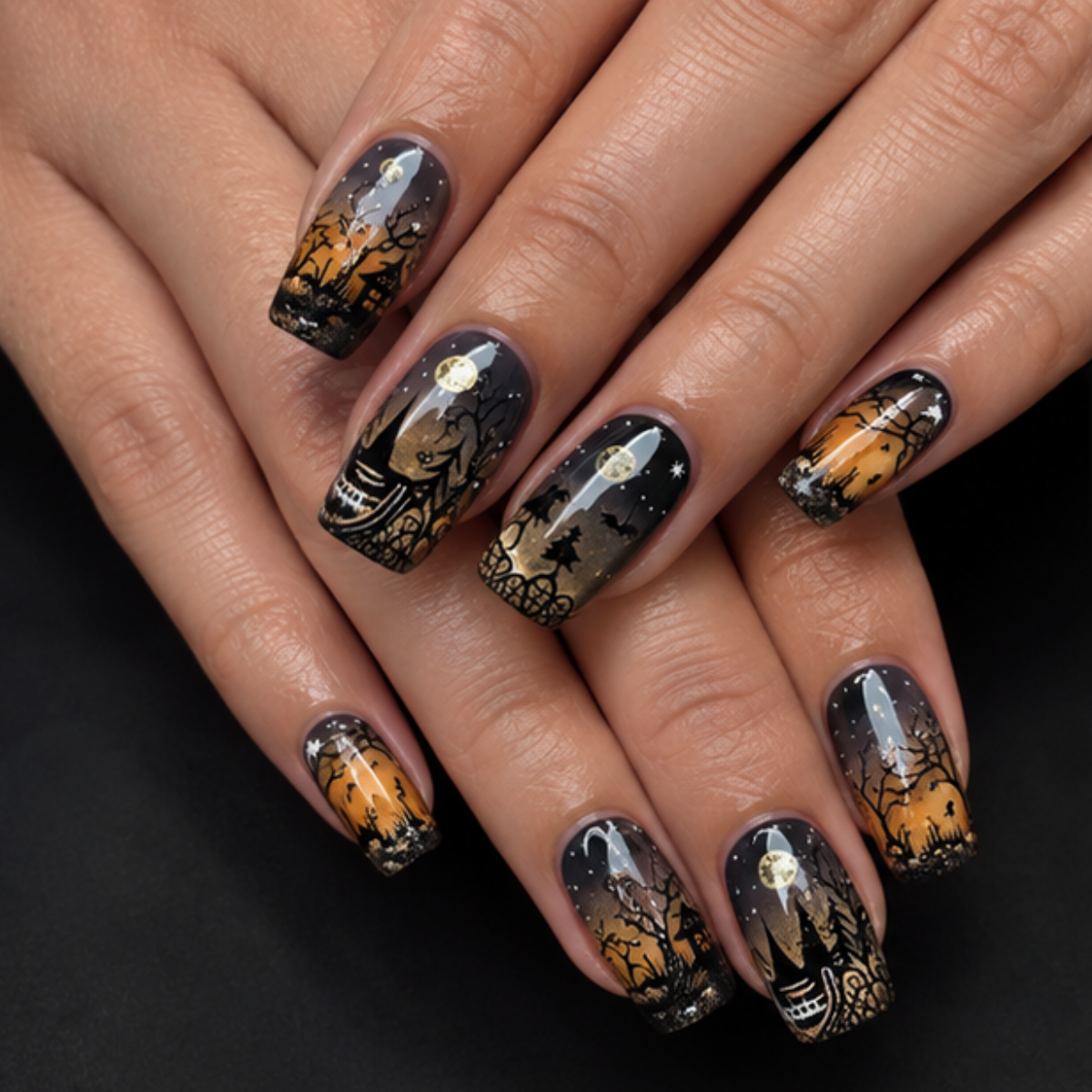 24pcs/Set Dark Forest Castle Gothic Short Style Press-On Nails