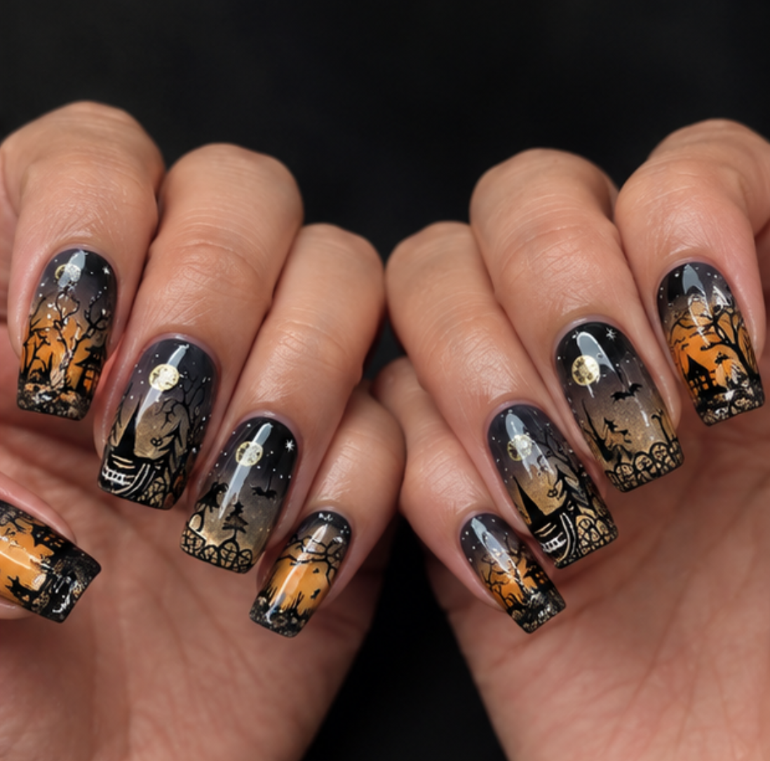 24pcs/Set Dark Forest Castle Gothic Short Style Press-On Nails