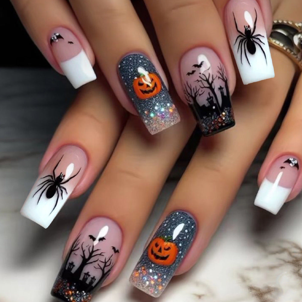 24pcs/Set Halloween White French Black Spiders Orange Pumpkins Dark Forest Press-On Nails