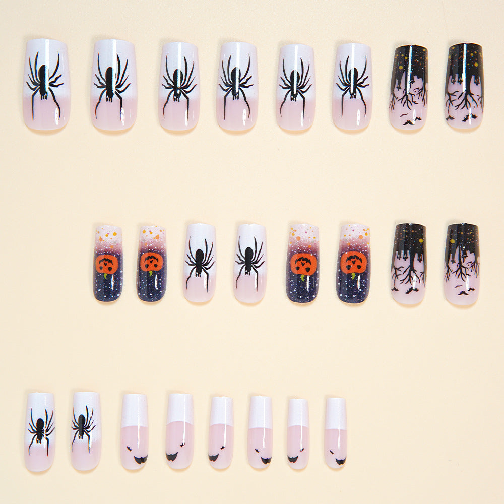 24pcs/Set Halloween White French Black Spiders Orange Pumpkins Dark Forest Press-On Nails