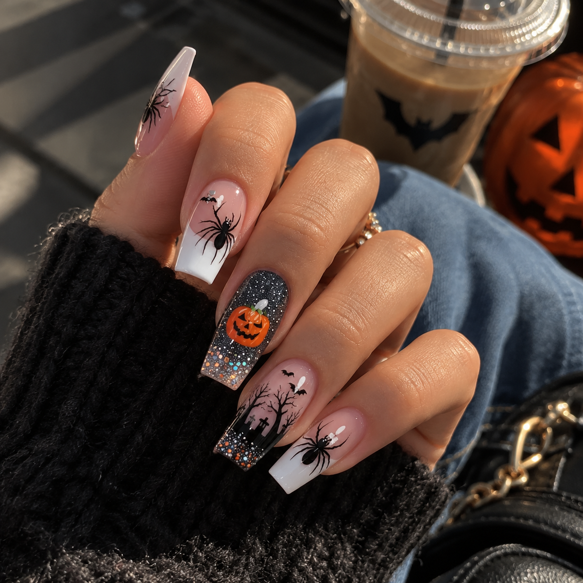 24pcs/Set Halloween White French Black Spiders Orange Pumpkins Dark Forest Press-On Nails