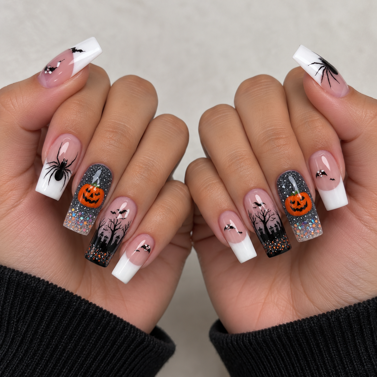 24pcs/Set Halloween White French Black Spiders Orange Pumpkins Dark Forest Press-On Nails