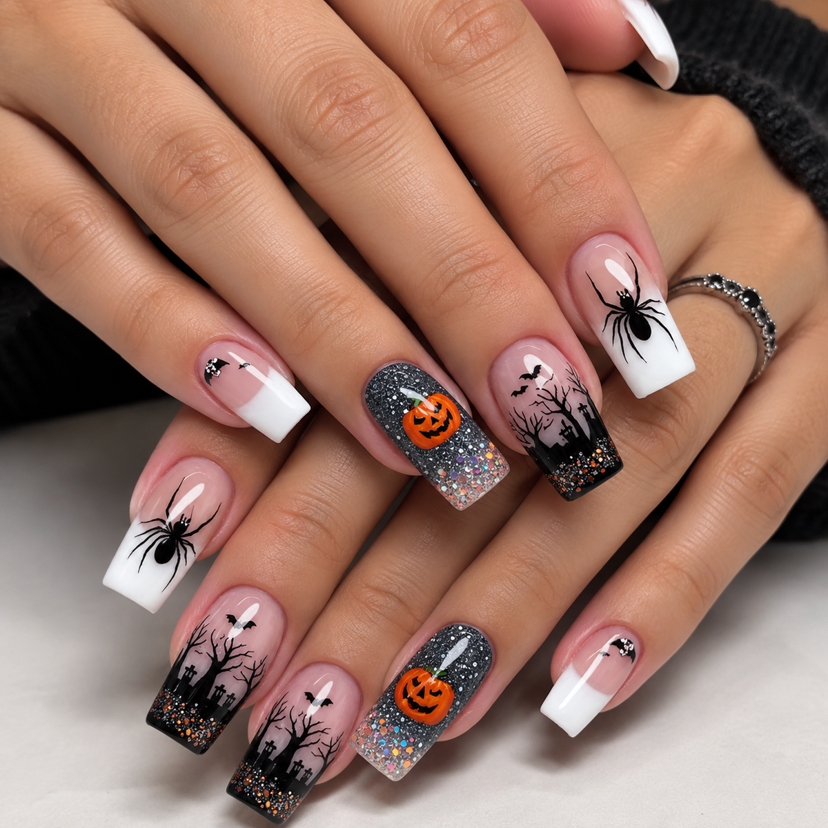 24pcs/Set Halloween White French Black Spiders Orange Pumpkins Dark Forest Press-On Nails