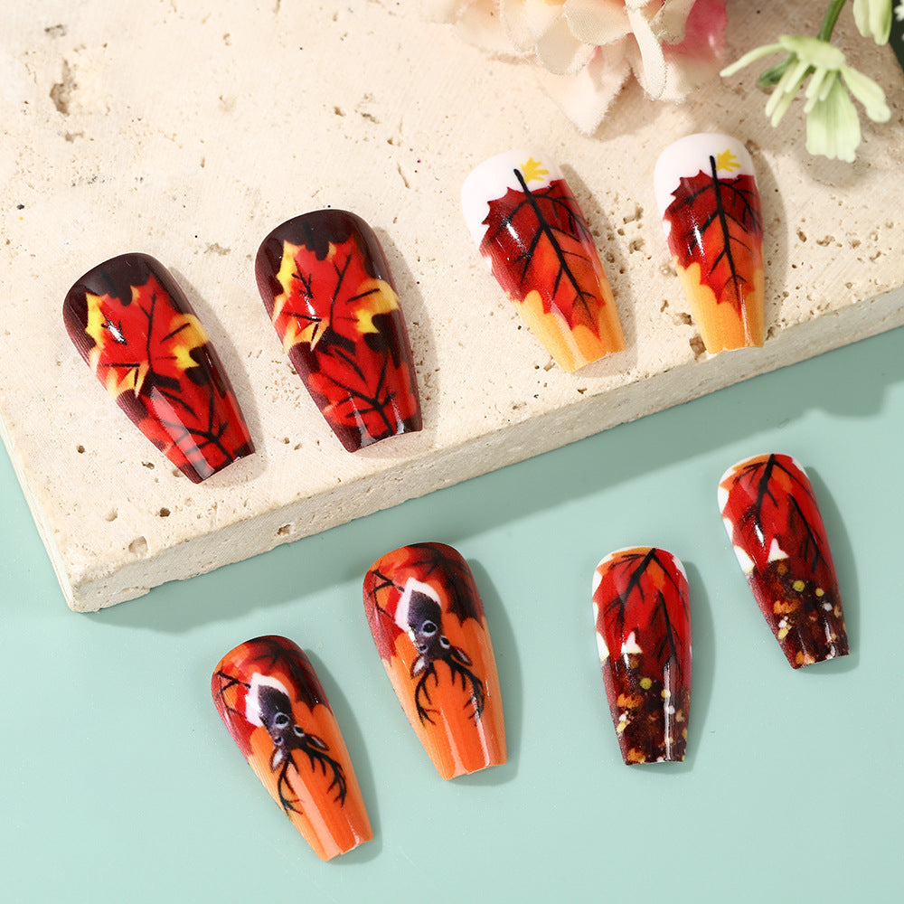 24pcs/Set Autumn Maple Leaf Deer Head Press-On Nails