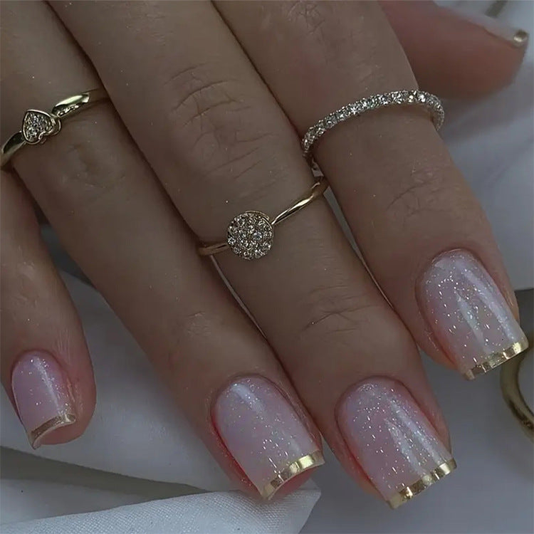 24pcs/Set Glitter Gold Trim French Press-On Nails