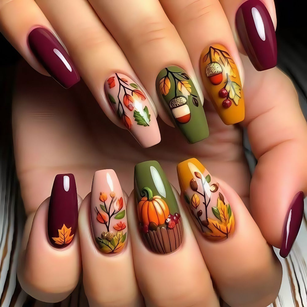 24pcs/Set Autumn Maple Leaves & Pumpkin Vines Press-On Nails