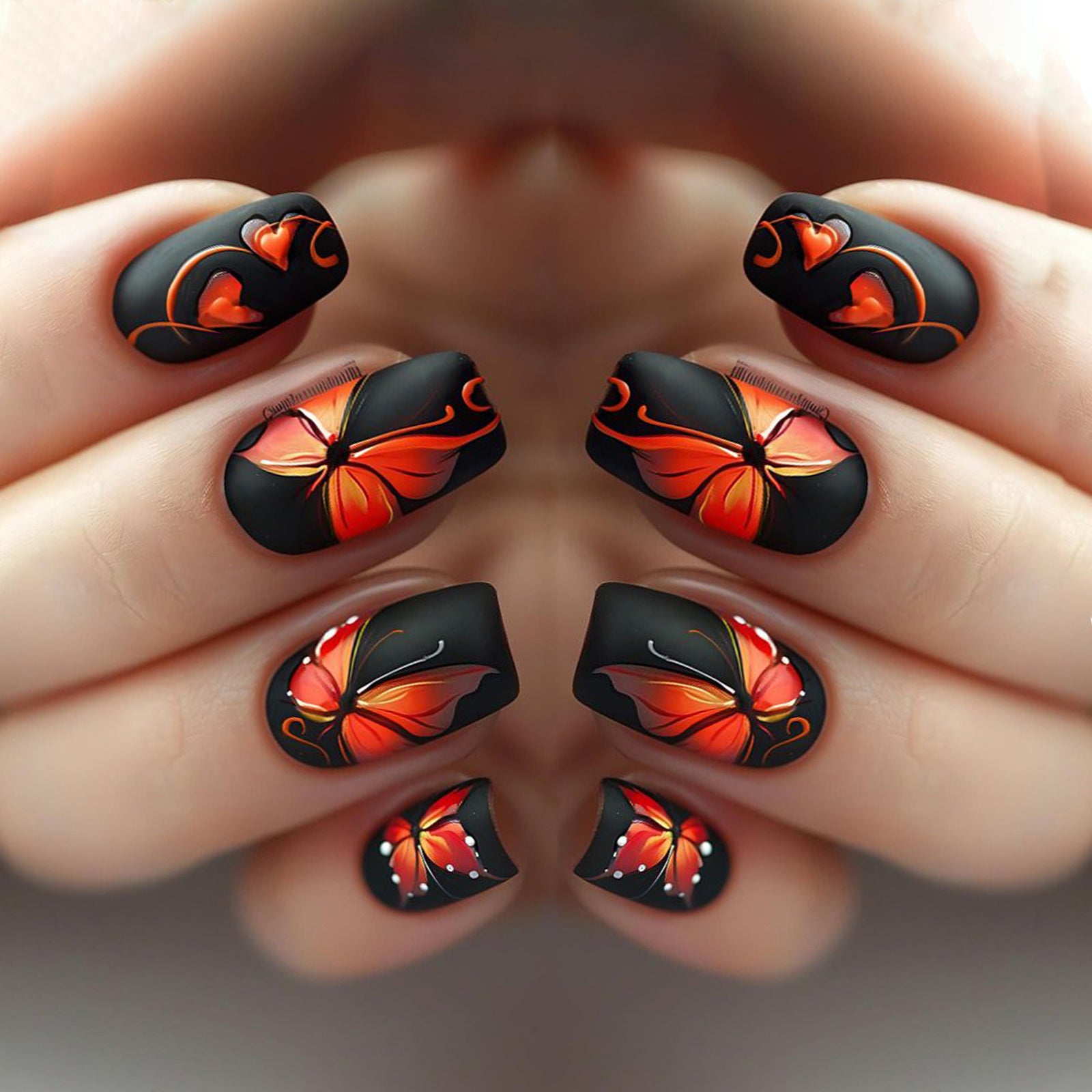 24pcs/Set Matte Vermilion Butterfly Black Vintage Press-On Nails