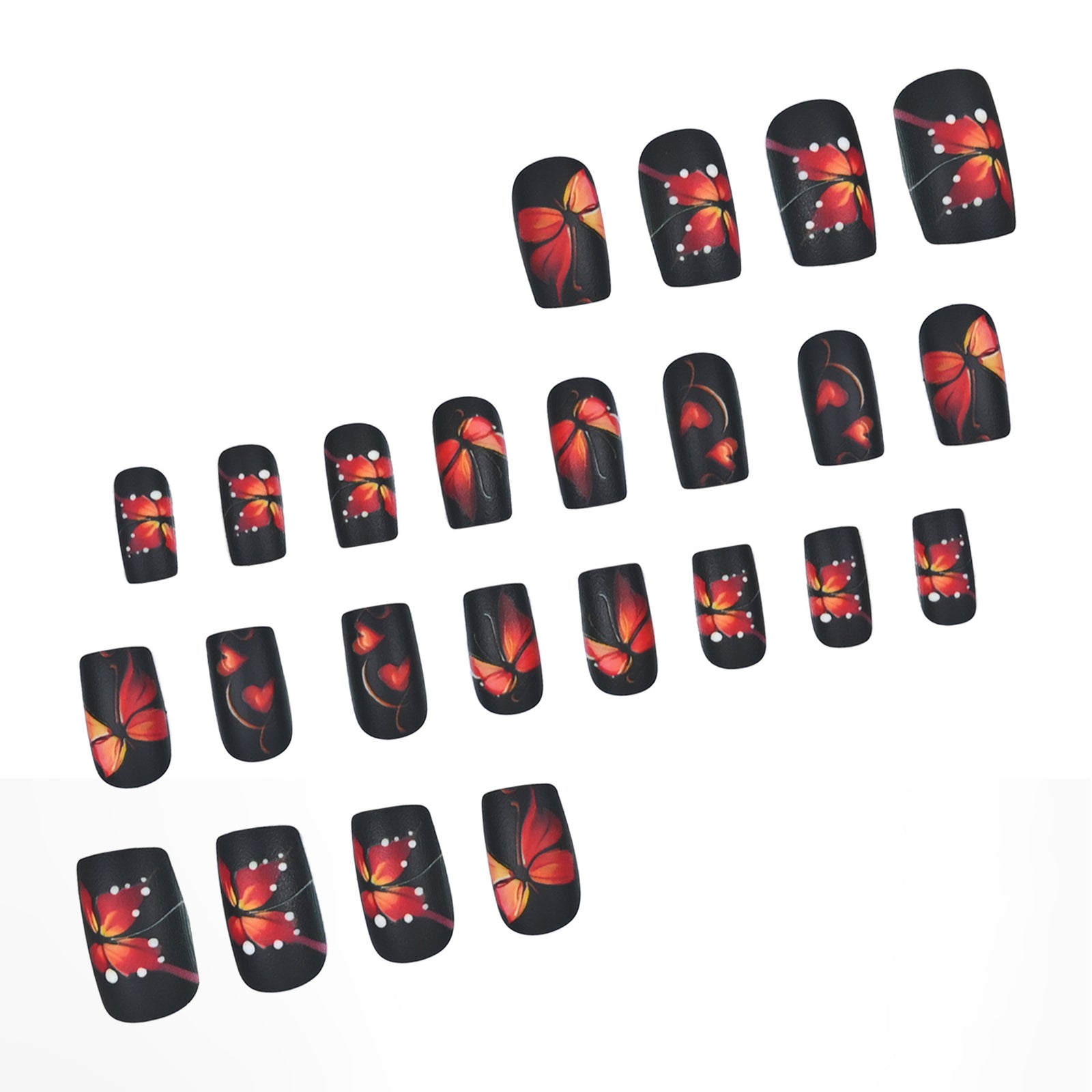 24pcs/Set Matte Vermilion Butterfly Black Vintage Press-On Nails