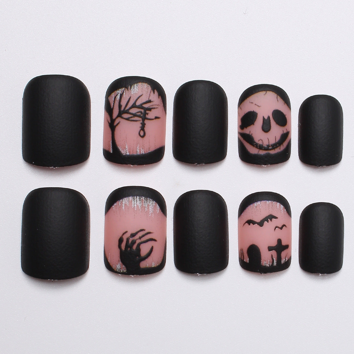 24pcs/Set Short Black Halloween Skeleton Crow Branch Press-On Nails