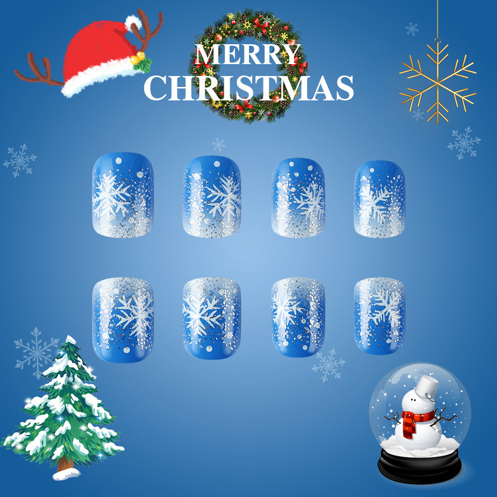 24pcs/Set Short Style Christmas Blue Glitter Press-On Nails