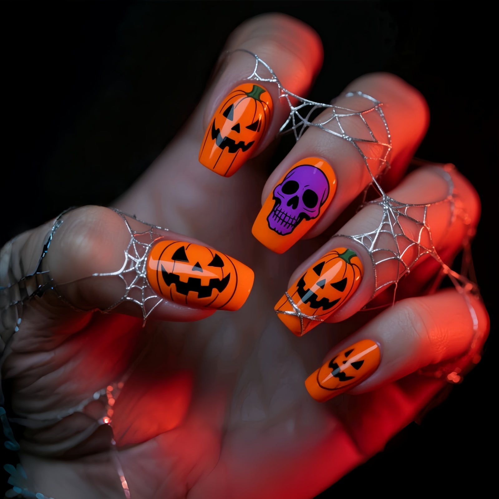 24pcs/Set Halloween Orange Skull Ghost Face Press-On Nails