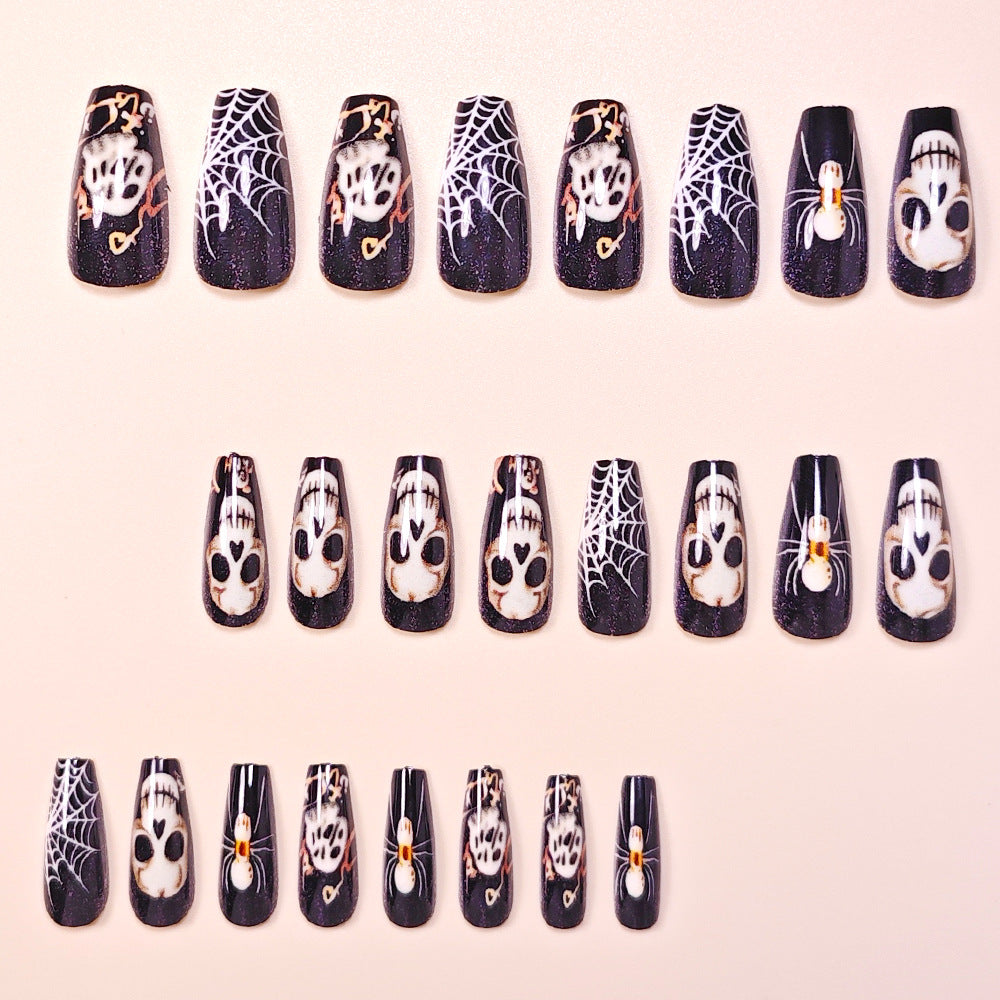 24pcs/Set Halloween Black Background With White Skulls And Cobweb Press-On Nails