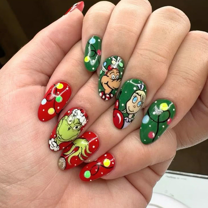 24pcs/Set Christmas Green And Red With Grinch Candy Press-On Nails