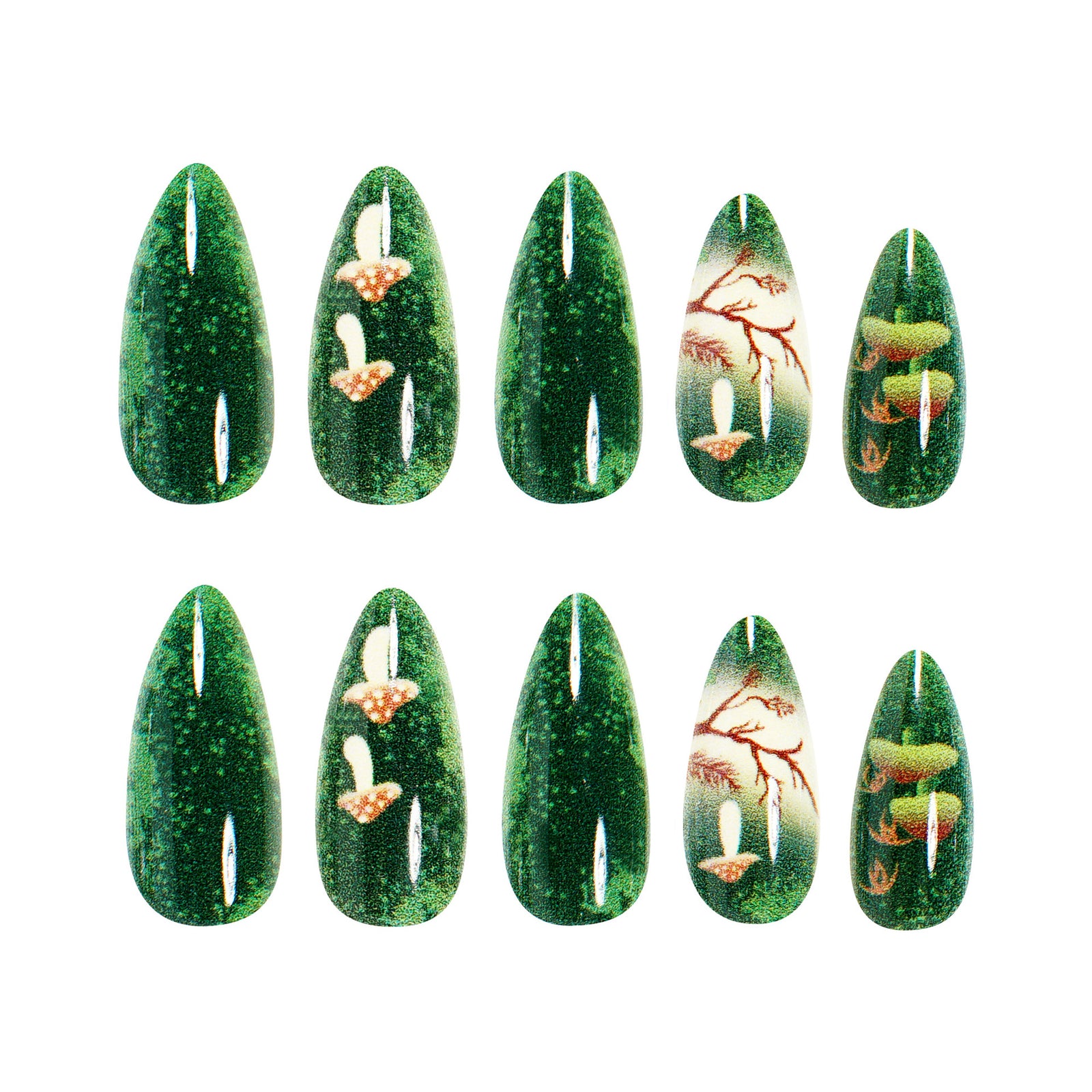 24pcs/Set Green Mirror Powder Mushroom Forest Press-On Nails