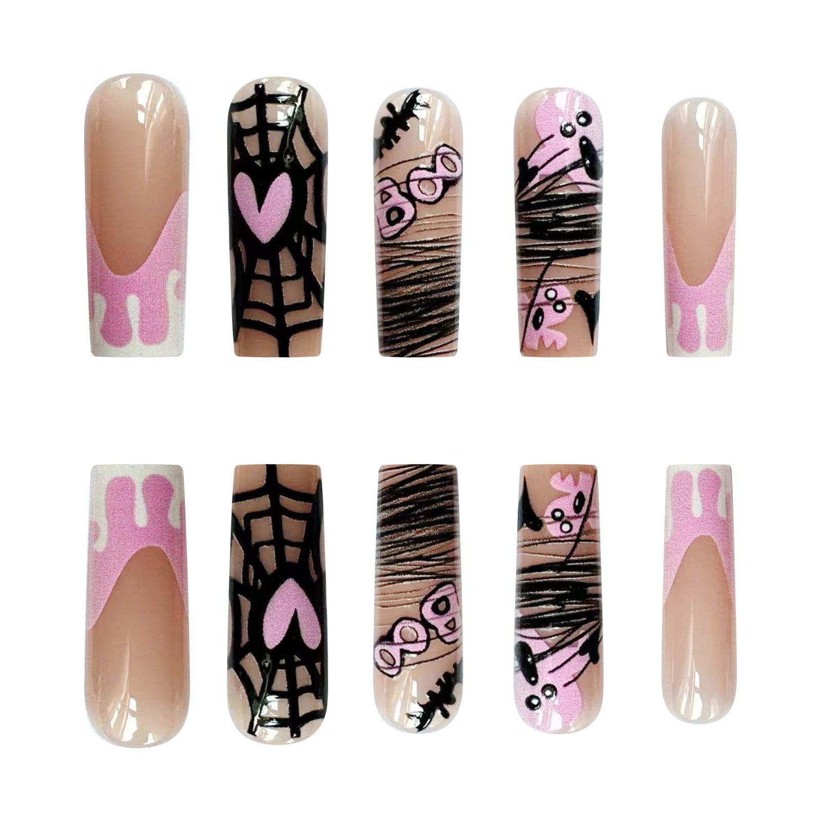 24pcs/Set Matte Halloween Ghost Bat Spiderweb Line Art Press-On Nails