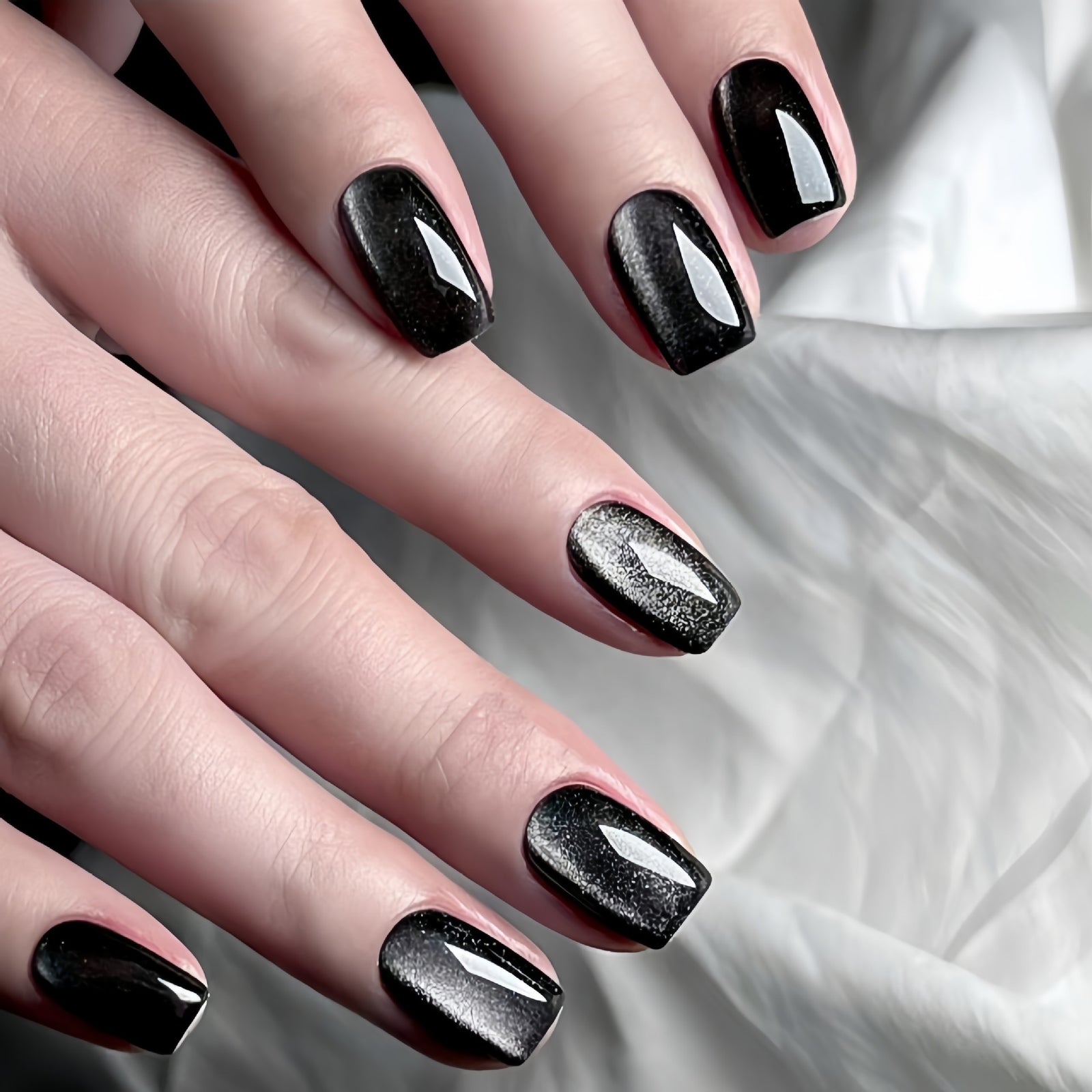 24pcs/Set Short Black Pearl Cat Eye Press-On Nails