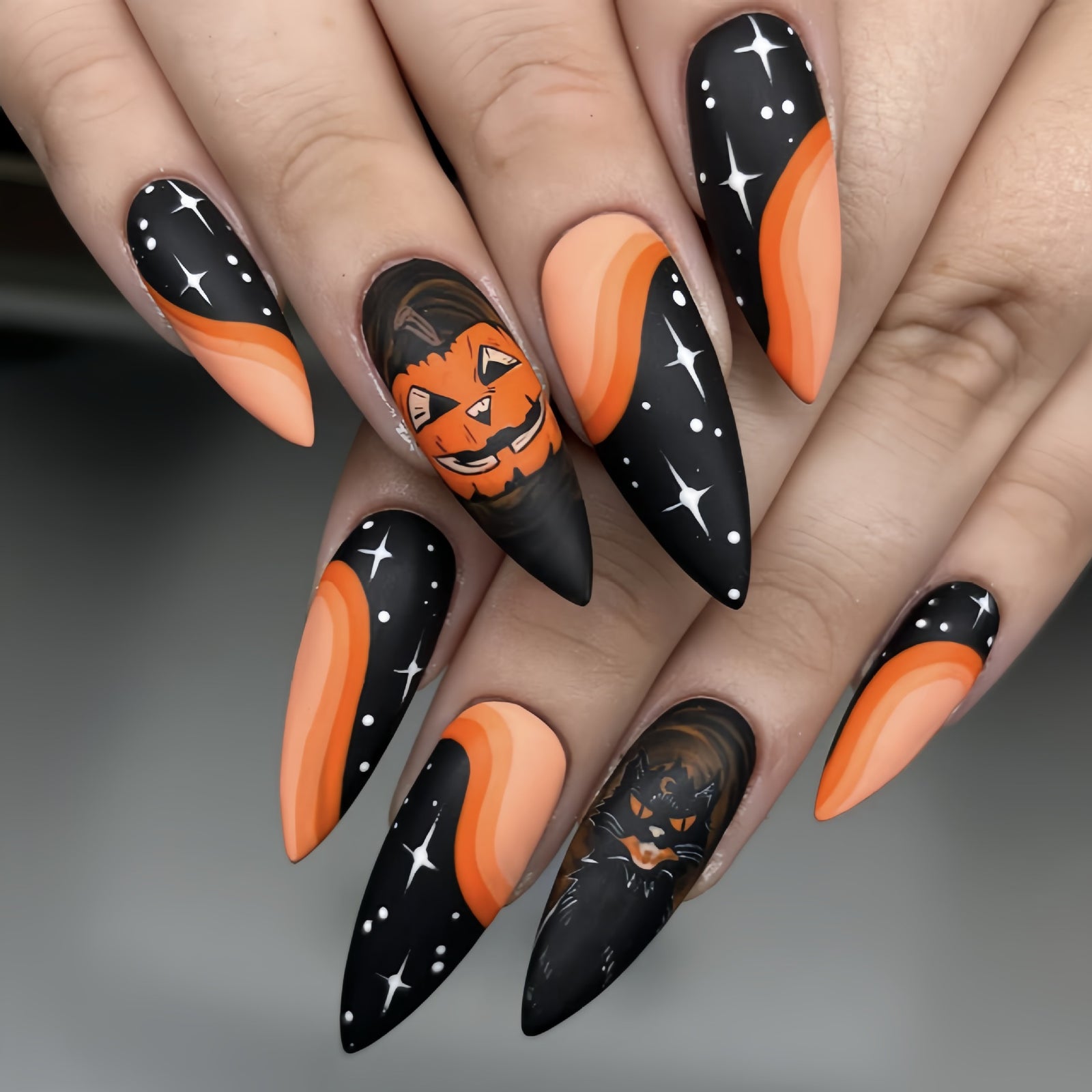 24pcs/Set Halloween Pumpkin Black Cat Press-On Nails
