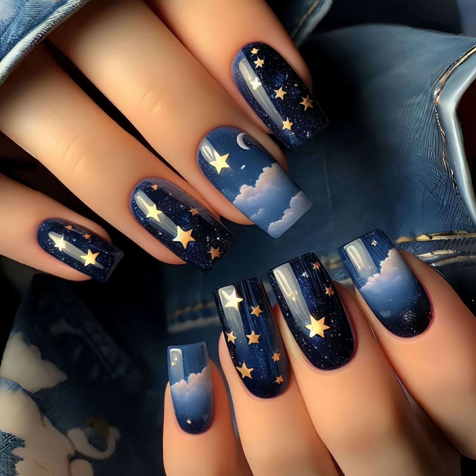 24pcs/Set Blue Stars Moon Clouds Press-On Nails