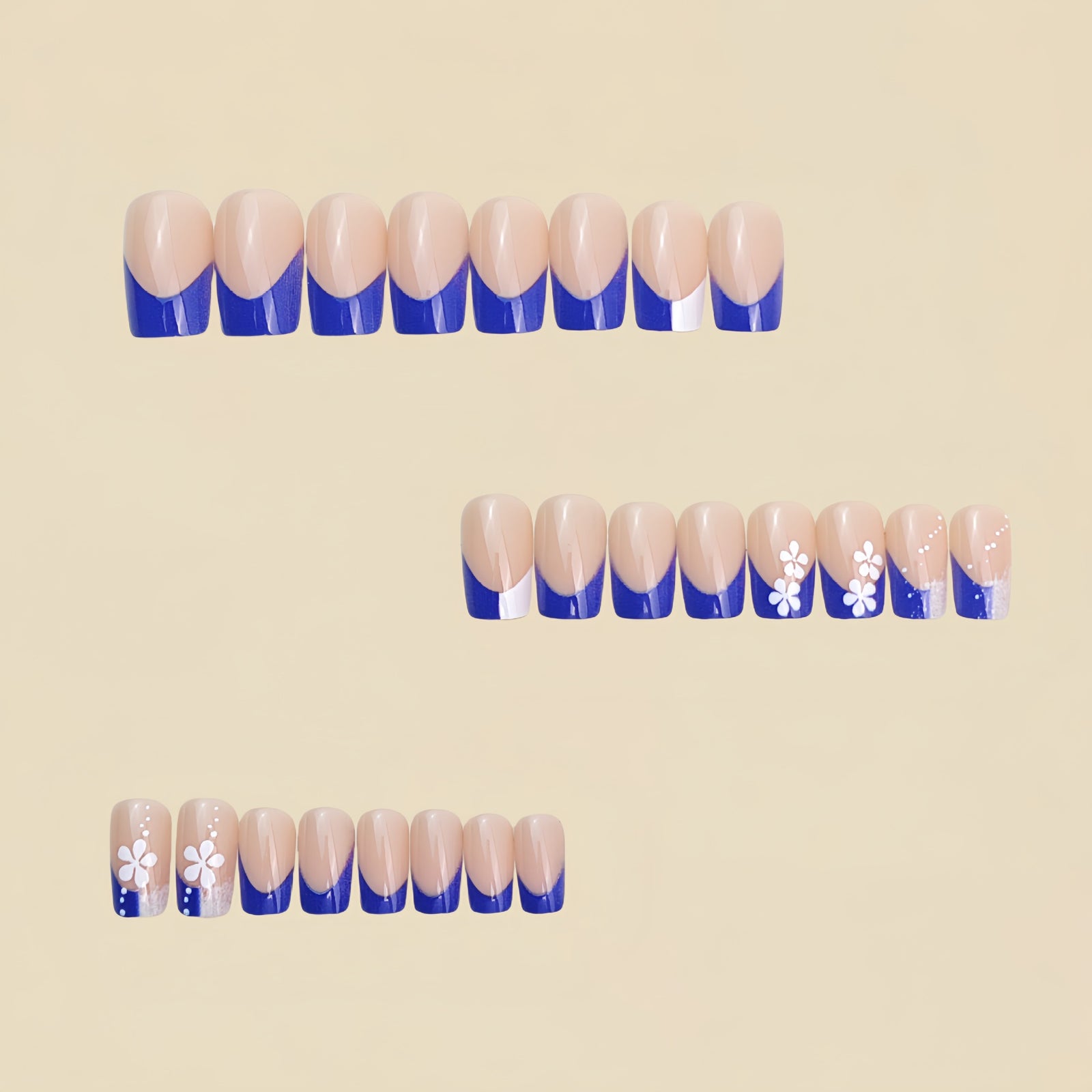 24pcs/Set Blue French White Flowers Press-On Nails