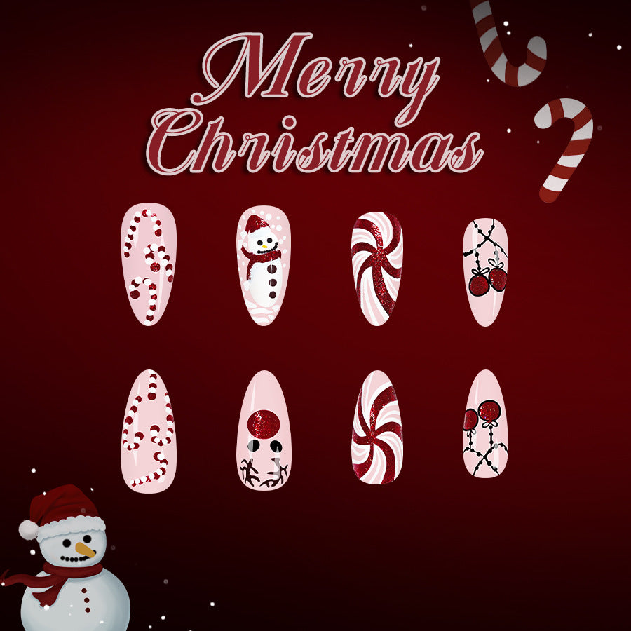 24pcs/Set Christmas Red Glitter Windmill Reindeer Cane Decor Press-On Nails