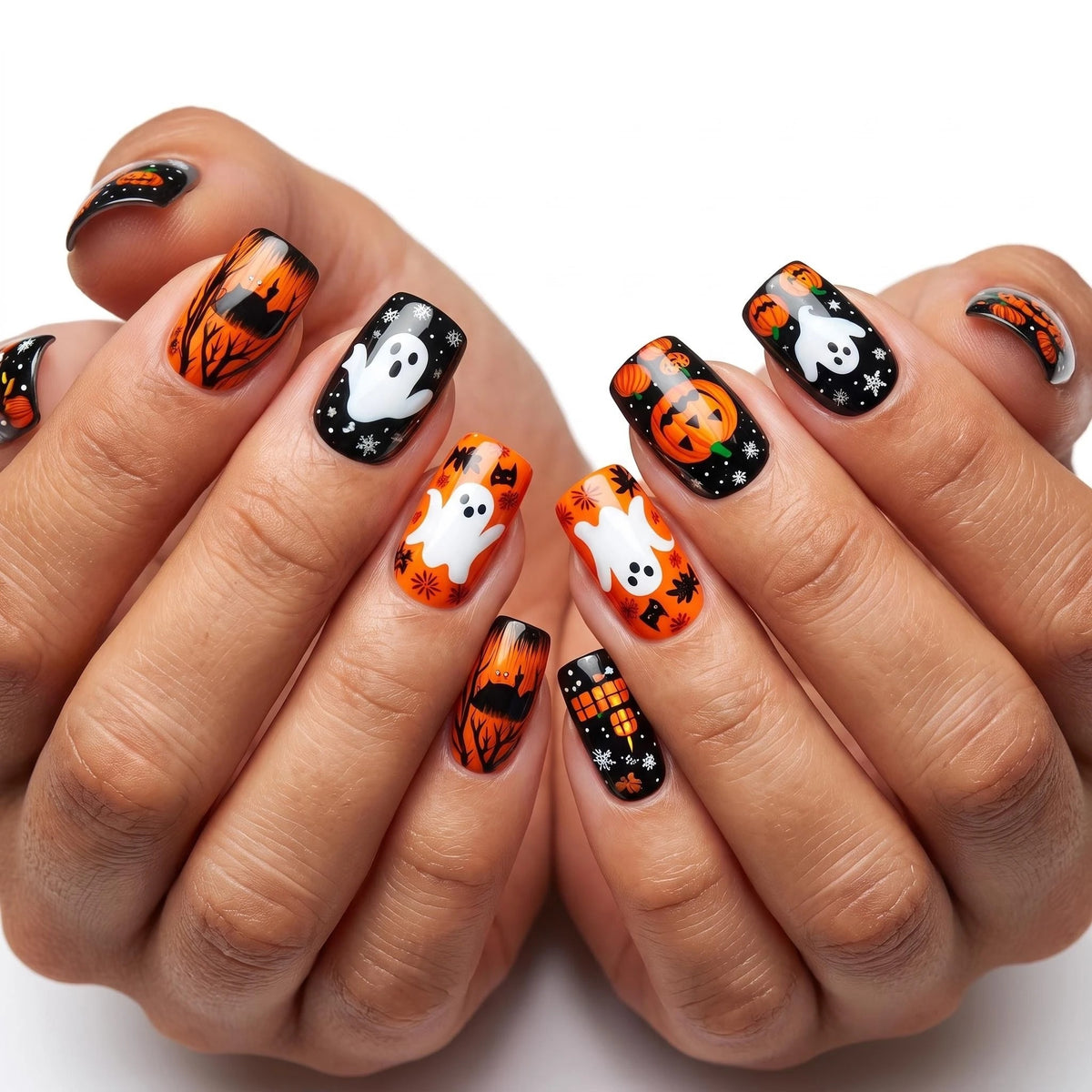 24pcs/Set Halloween Pumpkin Lantern Ghost Bat Press-On Nails