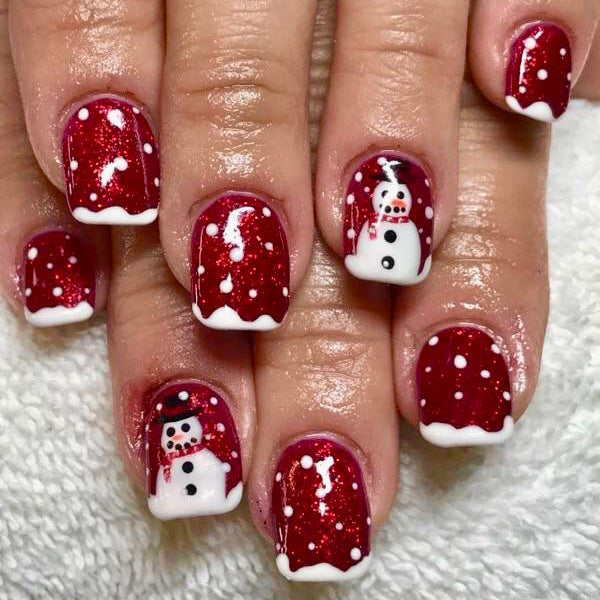 24pcs/Set Christmas Snowman Red Short Style Press-On Nails