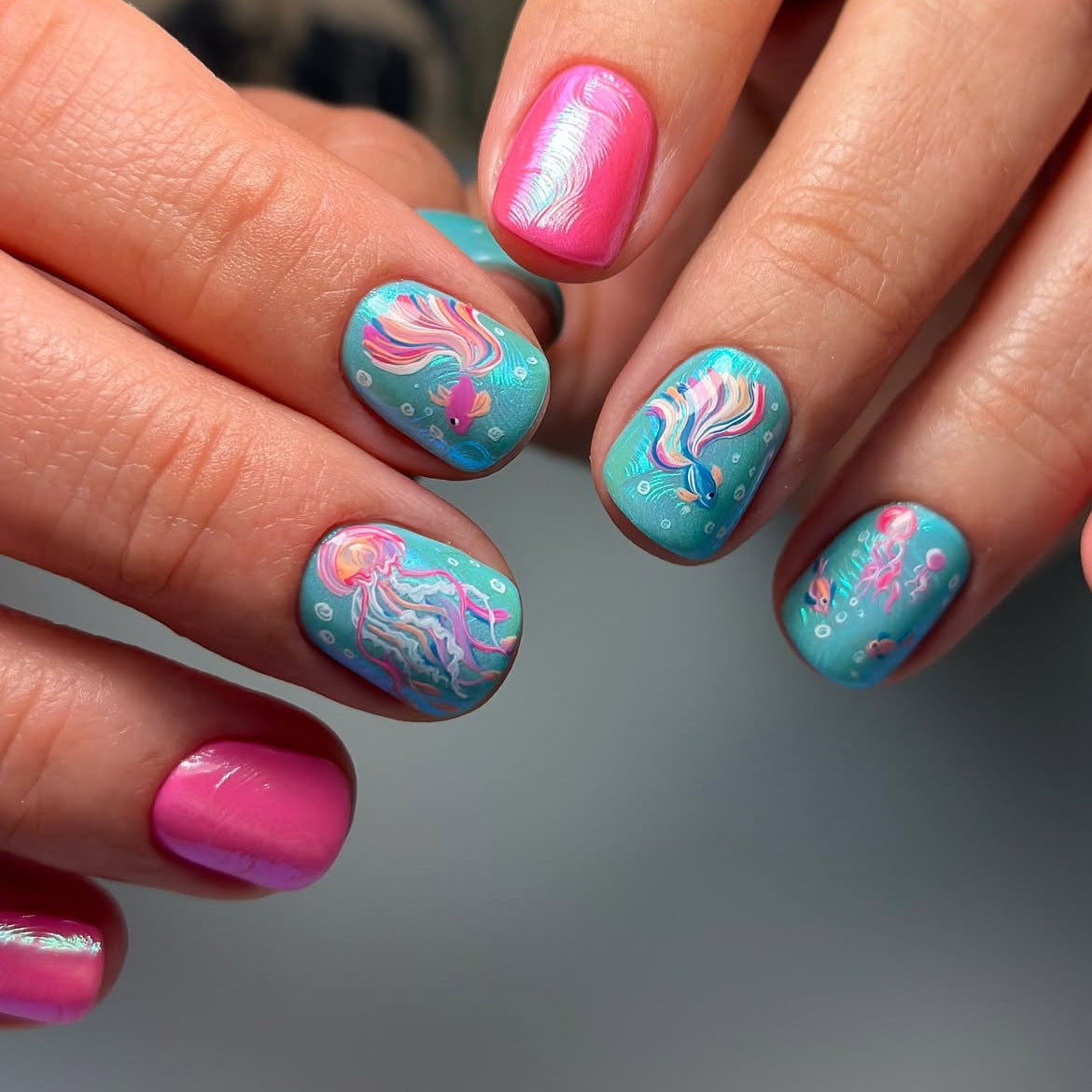 24pcs/Set Short Colorful Fish And Jellyfish Press-On Nails