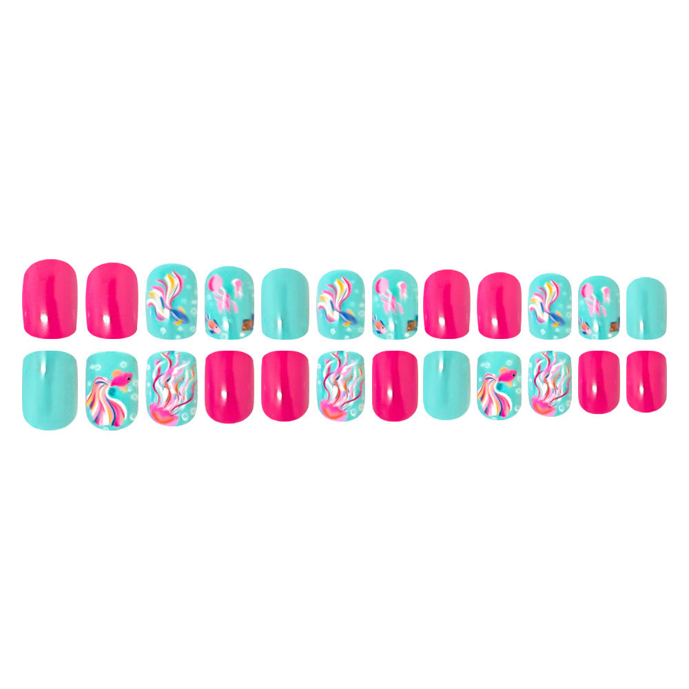 24pcs/Set Short Colorful Fish And Jellyfish Press-On Nails