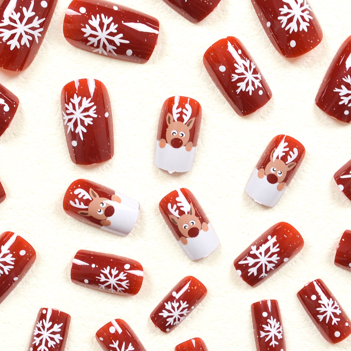 24pcs/Set Short Christmas Cartoon White Reindeer with Snowflakes Press-On Nails