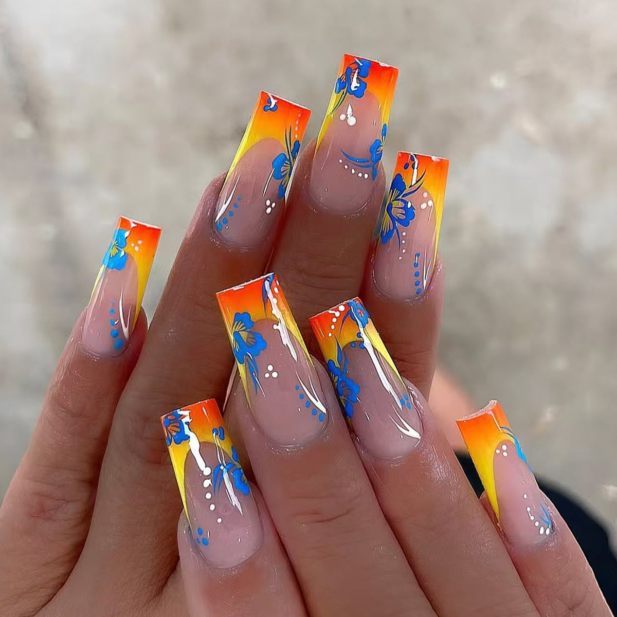 24pcs/Set Blue Flower Autumn Winter Orange Gradient French Style Press-On Nails