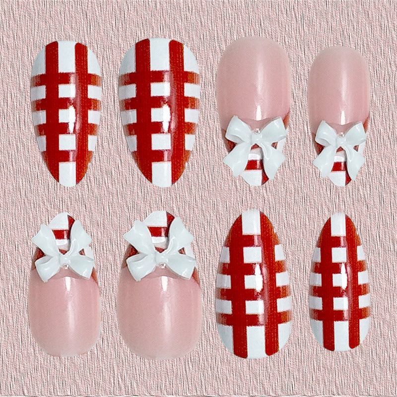 24pcs/Set Red And White Gingham French 3D Bow Press-On Nails