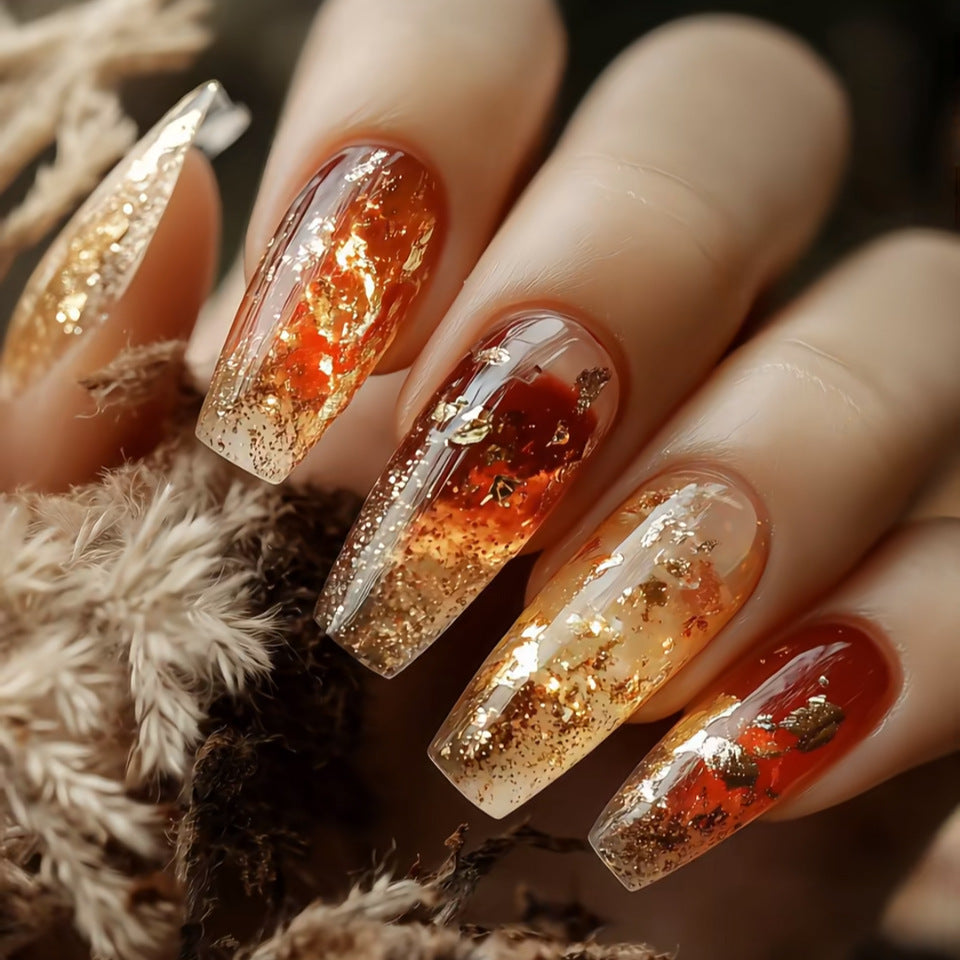 24pcs/Set Red Marbled With Gold Glitter Press-On Nails