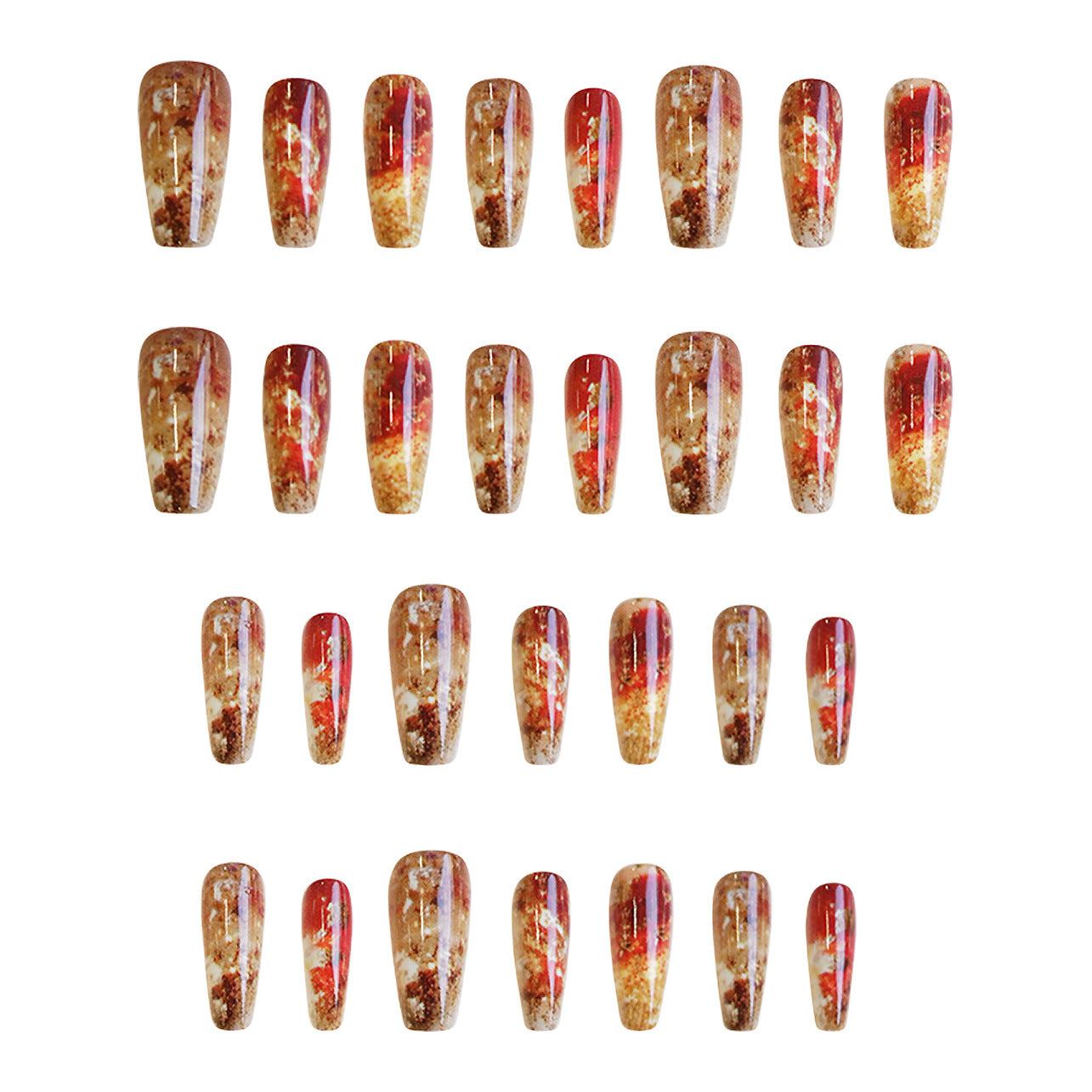 24pcs/Set Red Marbled With Gold Glitter Press-On Nails