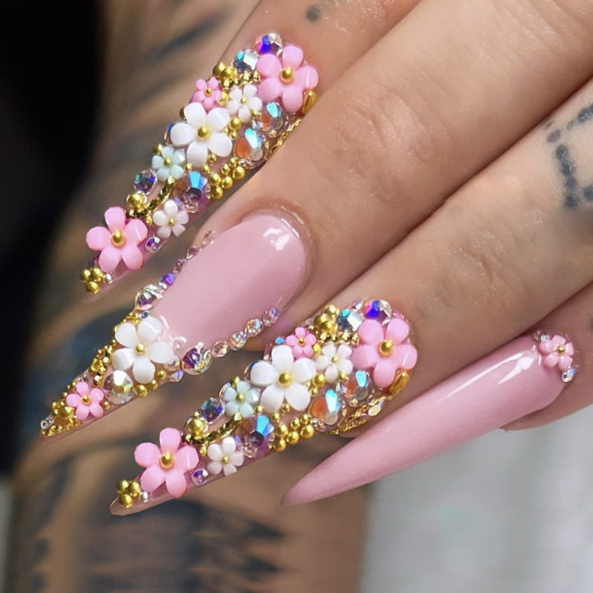 24pcs/Set Pink & Gold Floral Cluster with Long Pointed Petals Press-On Nails