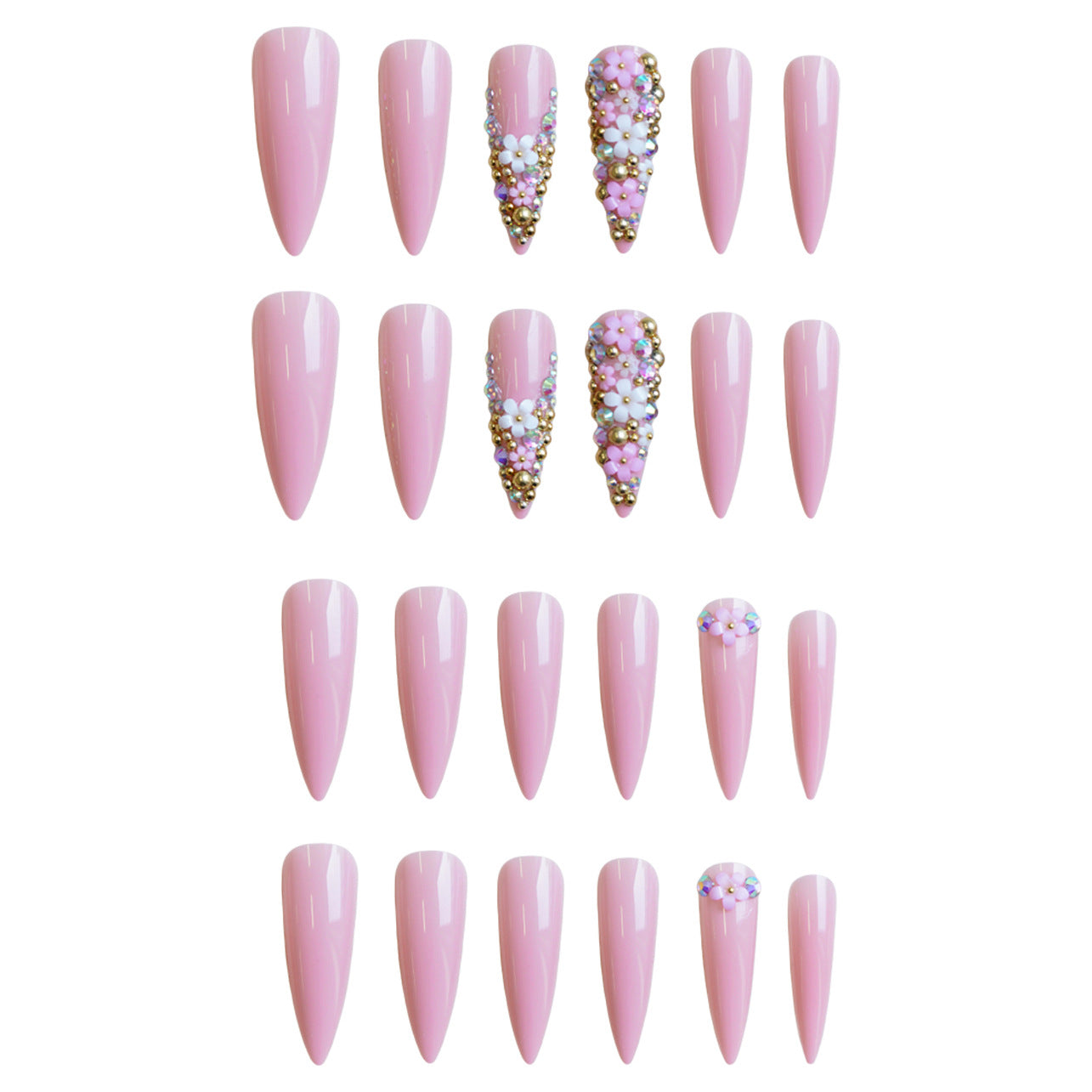 24pcs/Set Pink & Gold Floral Cluster with Long Pointed Petals Press-On Nails