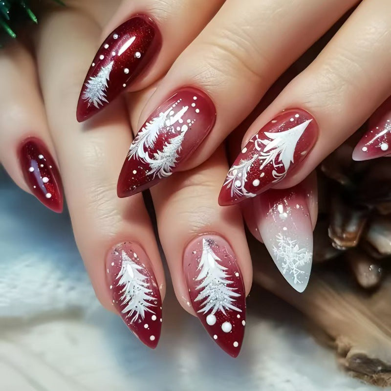 24pcs/Set Wine Red Christmas Snowflake Tree Press-On Nails