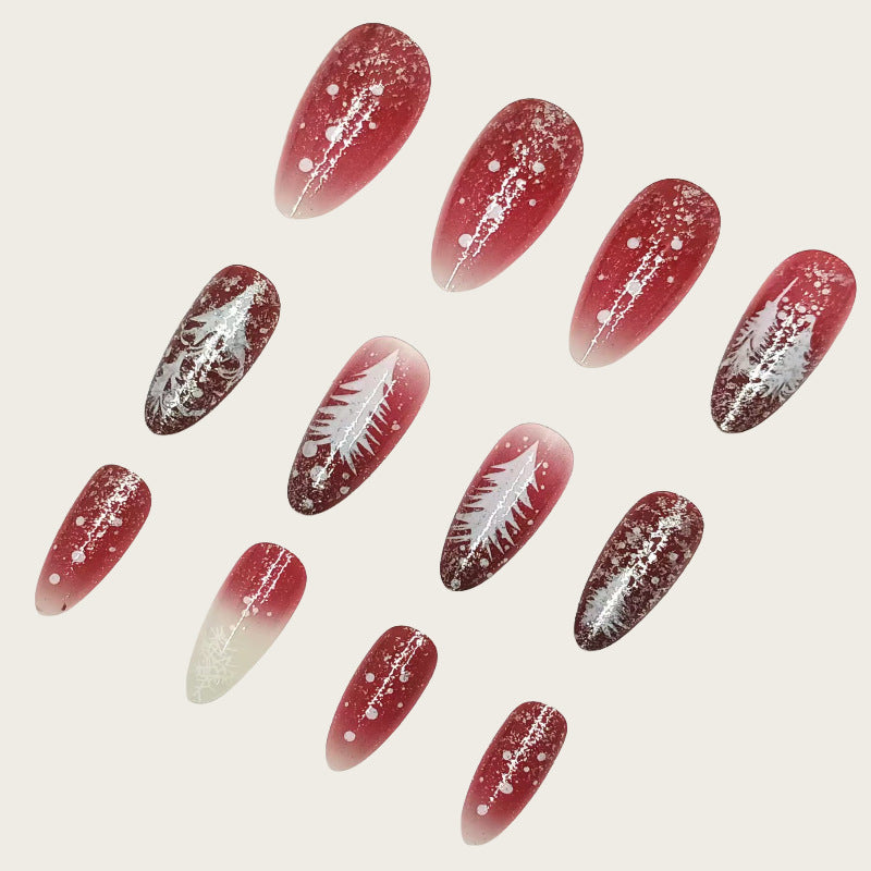 24pcs/Set Wine Red Christmas Snowflake Tree Press-On Nails