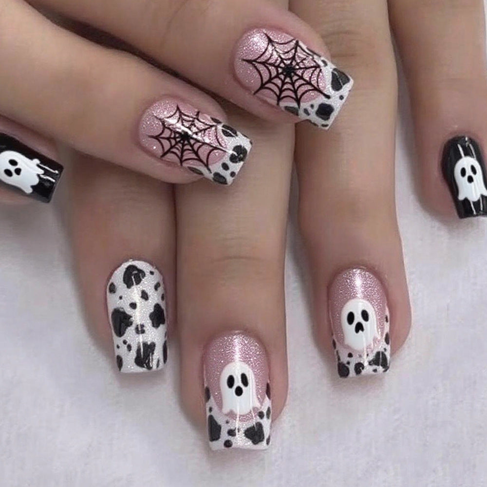 24pcs/Set Halloween Ghost Spider Web Leopard French Press-On Nails