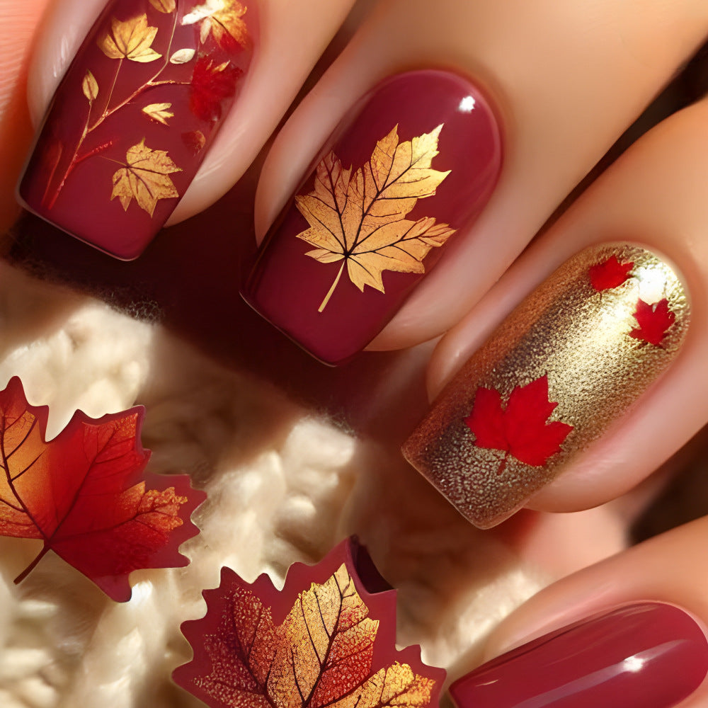 24pcs/Set Autumn Golden Maple Leaf Press-On Nails