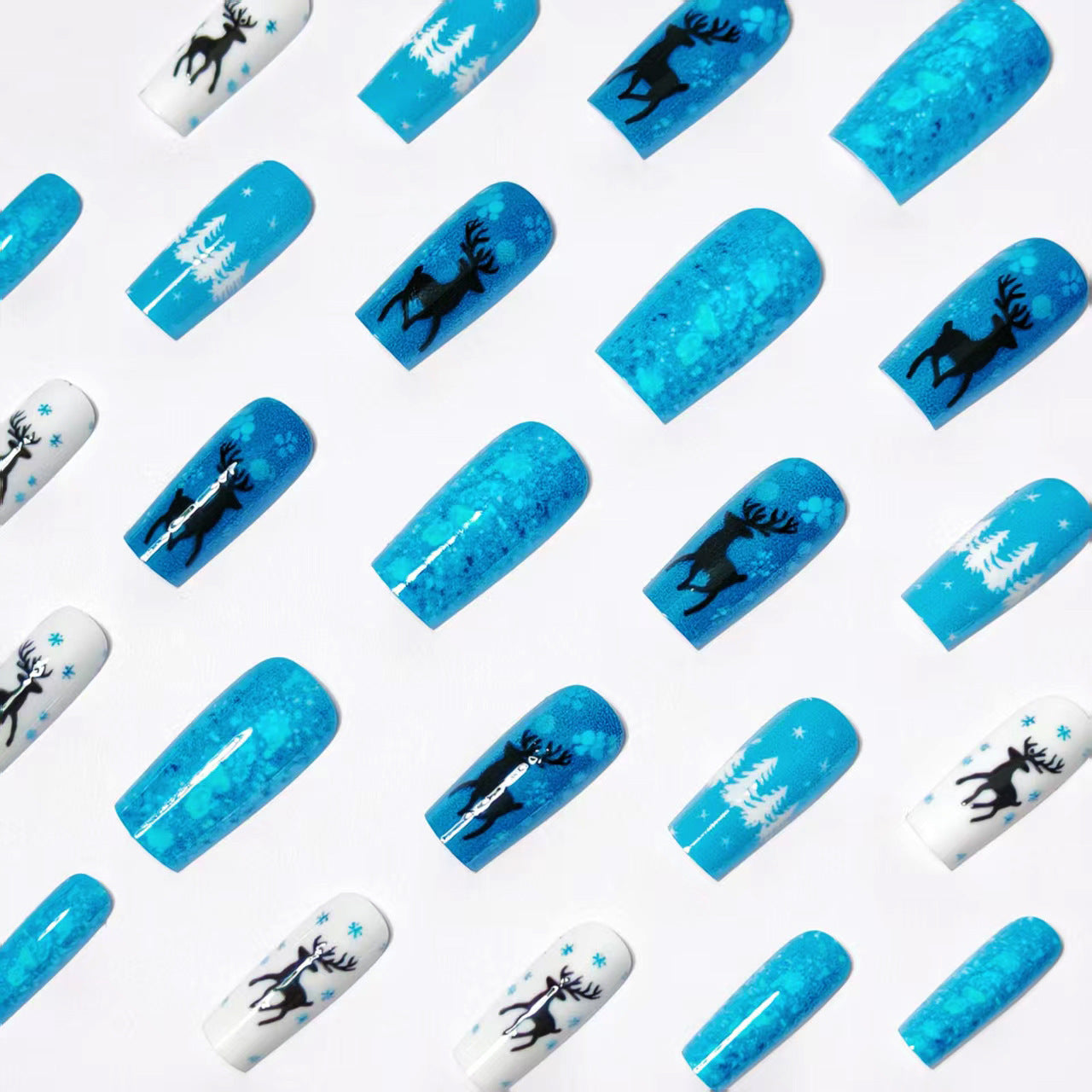 24pcs/Set Blue And White Christmas Reindeer Press-On Nails