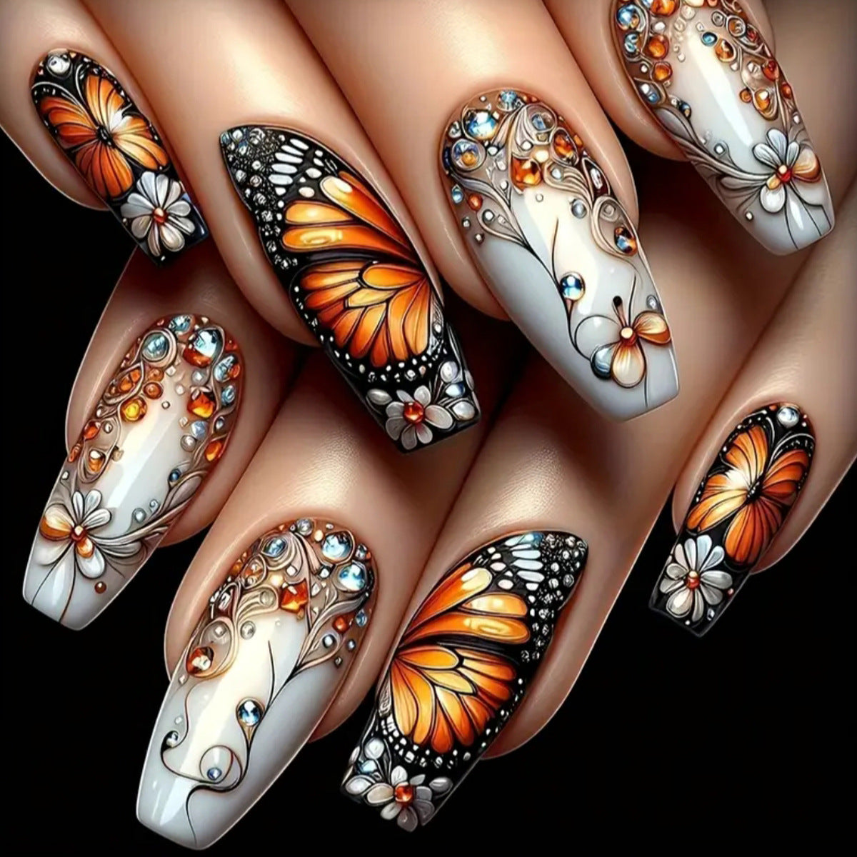 24pcs/Set Black And Blue Gradient Colorful Butterfly Flowers Press-On Nails