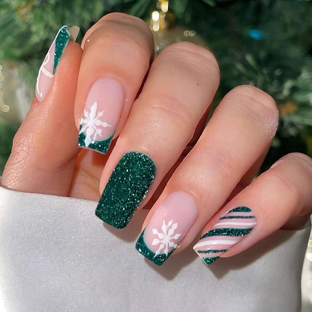 24pcs/Set Christmas Snowflake Glitter Stripes Green French Press-On Nails